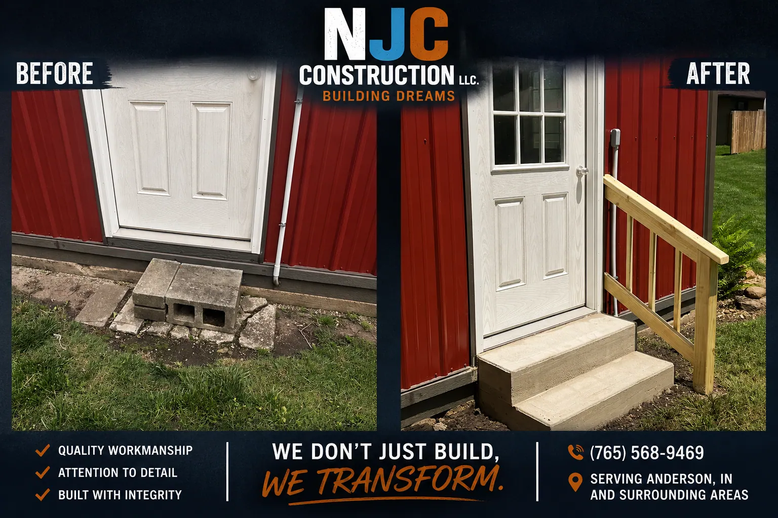 Entry door, concrete steps and handrail