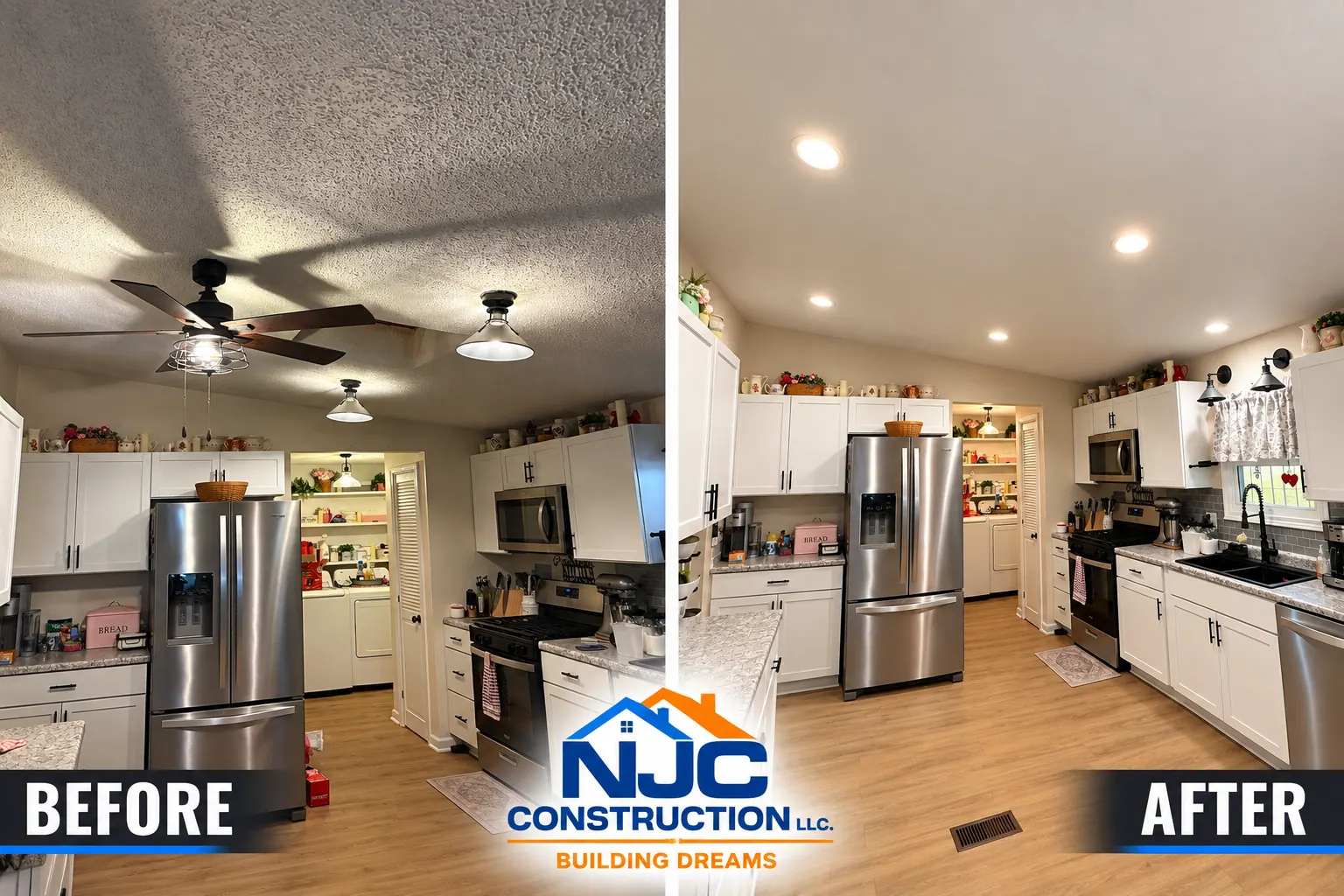 Kitchen refresh: recessed lighting, cabinets and flooring