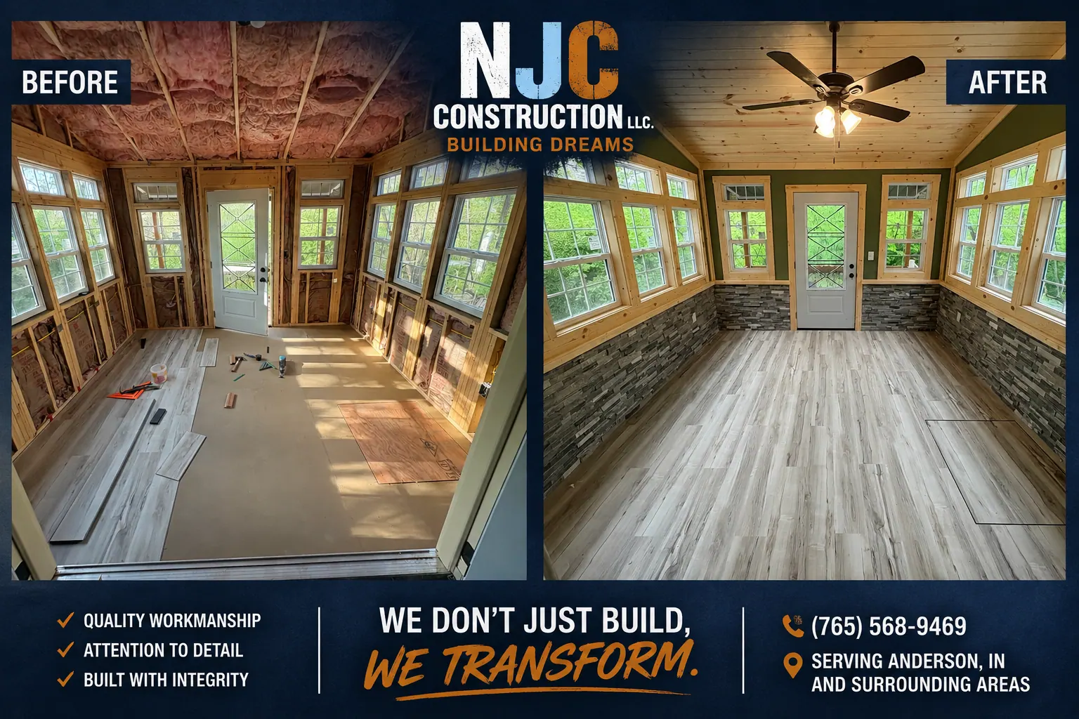 Sunroom finish: tongue-and-groove ceiling, stone wainscot, new floor